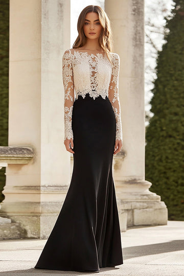 Noir Blanc Sirène Dentelle Manches Longues Robe Mère de la Mariée